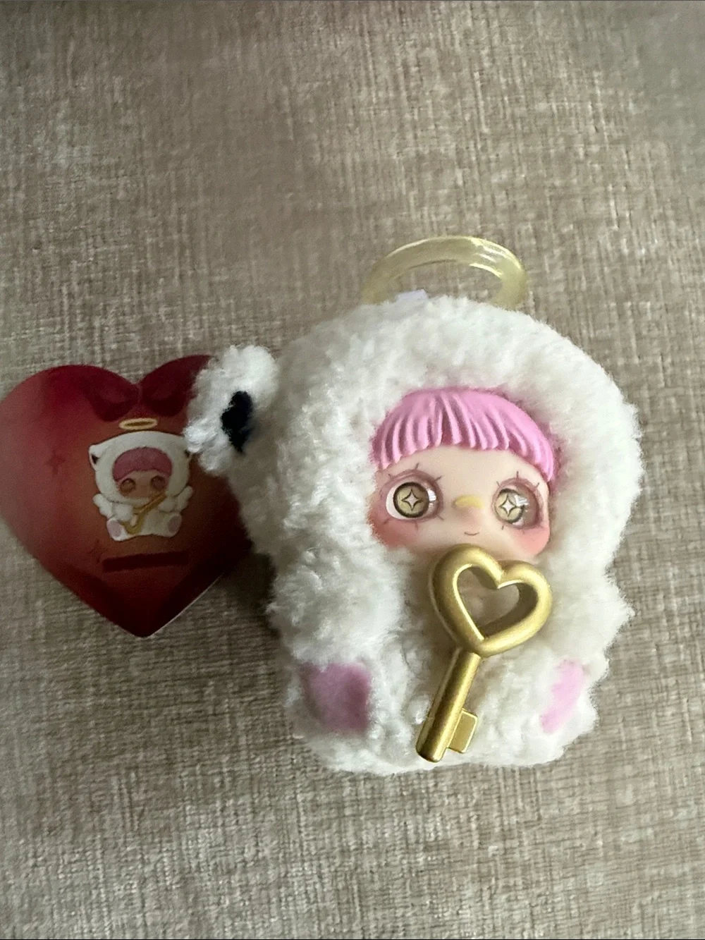 May I love you Cute Plush Angel Keychain with Pink Hair and Gold Heart Key